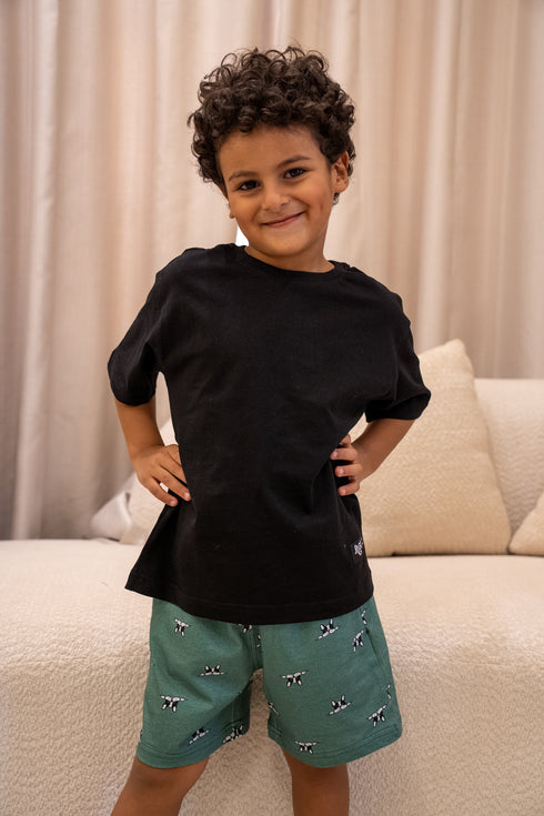 Boys summer pajama set Black t-shirt + Green Dog shorts